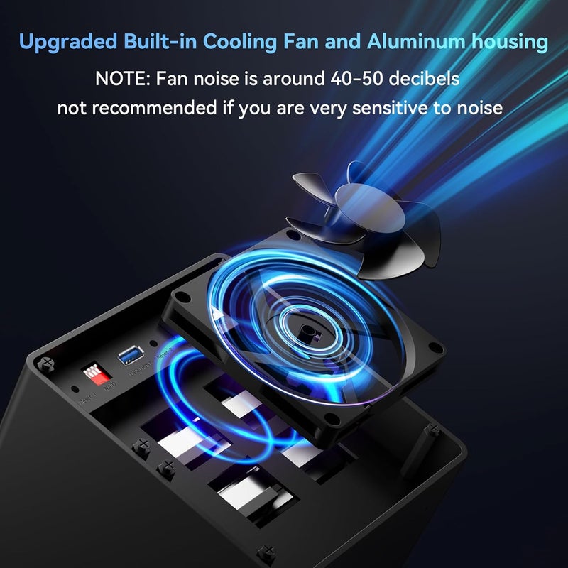 cenmate 2 Bay RAID*2 Enclosure with Cooling Fan for 2.5“/3.5" SATA HDD/SSD with USB A/C 3.0, Tool-Free HDD Enclosure, 4 Modes(Support RAID 1/0/JBOD/NORMAL) - Image 5